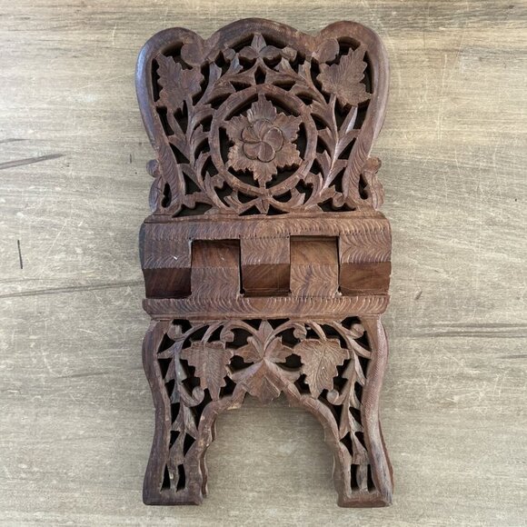 Vintage Hand Carved Wood Folding Cookbook Holder Bible Book Display Stand Boho - Picture 2 of 4
